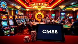 Exciting casino scene showcasing CM88 logo with poker tables and slot machines.
