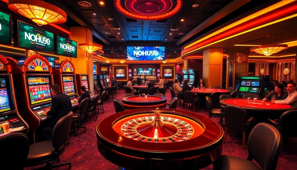 Engaged players at NOHU90 casino tables enjoying thrilling games of poker and roulette.