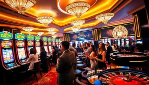 SLOT99 players engaging with premium slot machines in a vibrant casino atmosphere.