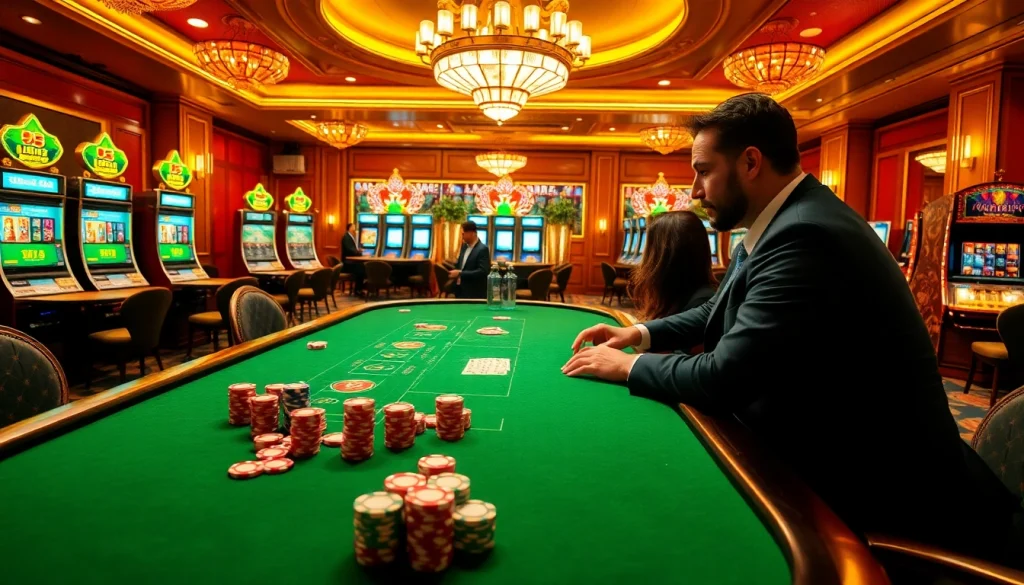 i5bet showcases a thrilling casino scene with poker chips and vibrant slot machines.