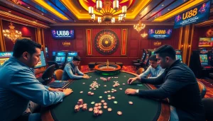 UU88 players strategizing at a luxury poker table in an exciting casino atmosphere.