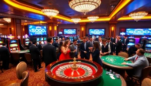 Players celebrating wins at SODO Casino's luxurious gaming tables amidst vibrant slot machines.