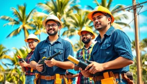 Electrician apprenticeship Hawaii training with diverse apprentices at a construction site.
