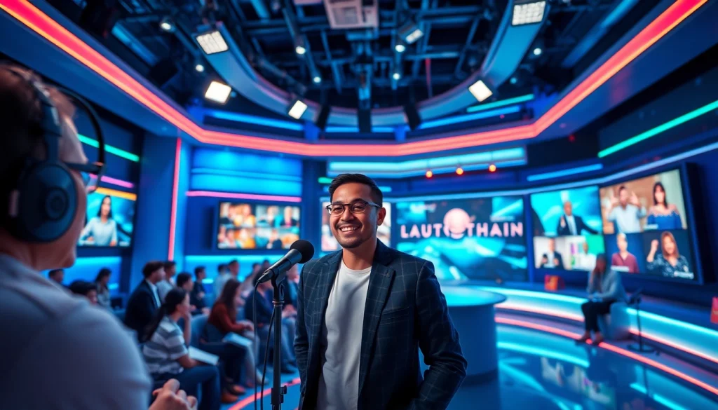 Dynamic Lauthaitv broadcast studio with a professional host engaging audiences.