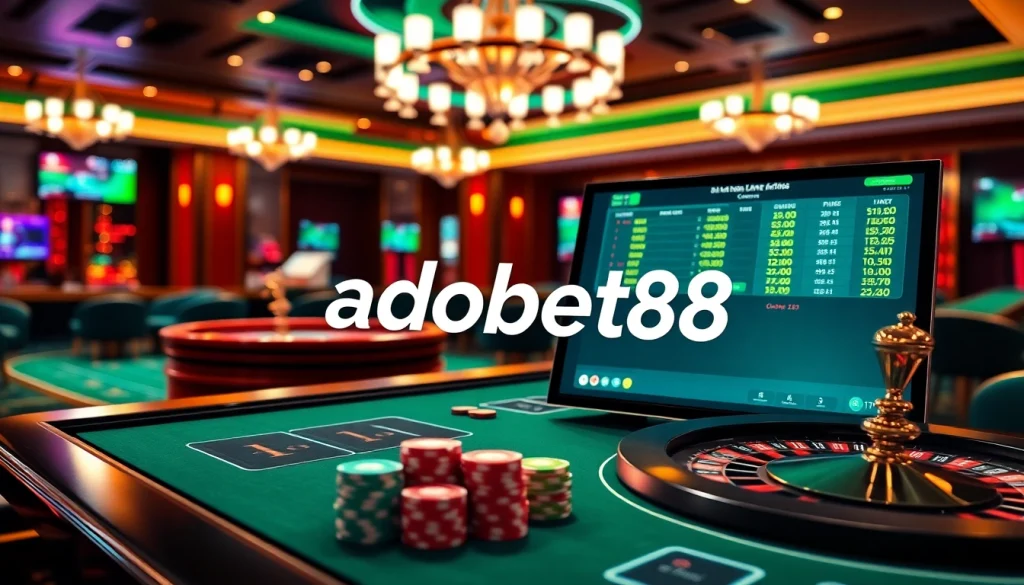 Exciting gaming atmosphere featuring adobet88 with live betting odds, poker chips, and a roulette wheel.