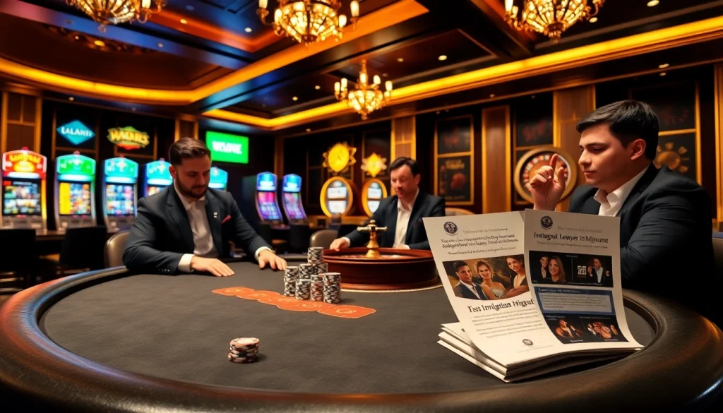 Action at the poker table featuring professional gamblers; immigration lawyer melbourne brochure on display.