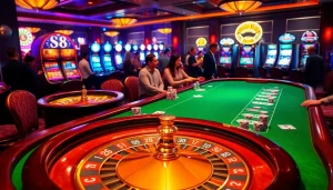 S8-themed poker chips scattered across a vibrant blackjack table in a luxurious casino setting.