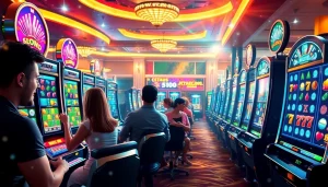 Slot depo 1k pemain bersemangat bermain mesin slot di kasino online yang cerah dan hidup.