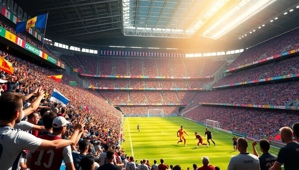 مشهد كرة قدم مثير يبرز كورة لايف مع جماهير فرحة، لاعبين يسجلون الأهداف، وأجواء استاد نابضة بالحياة.