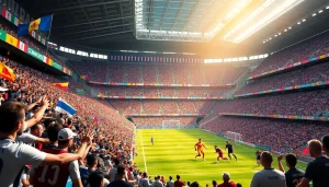 مشهد كرة قدم مثير يبرز كورة لايف مع جماهير فرحة، لاعبين يسجلون الأهداف، وأجواء استاد نابضة بالحياة.