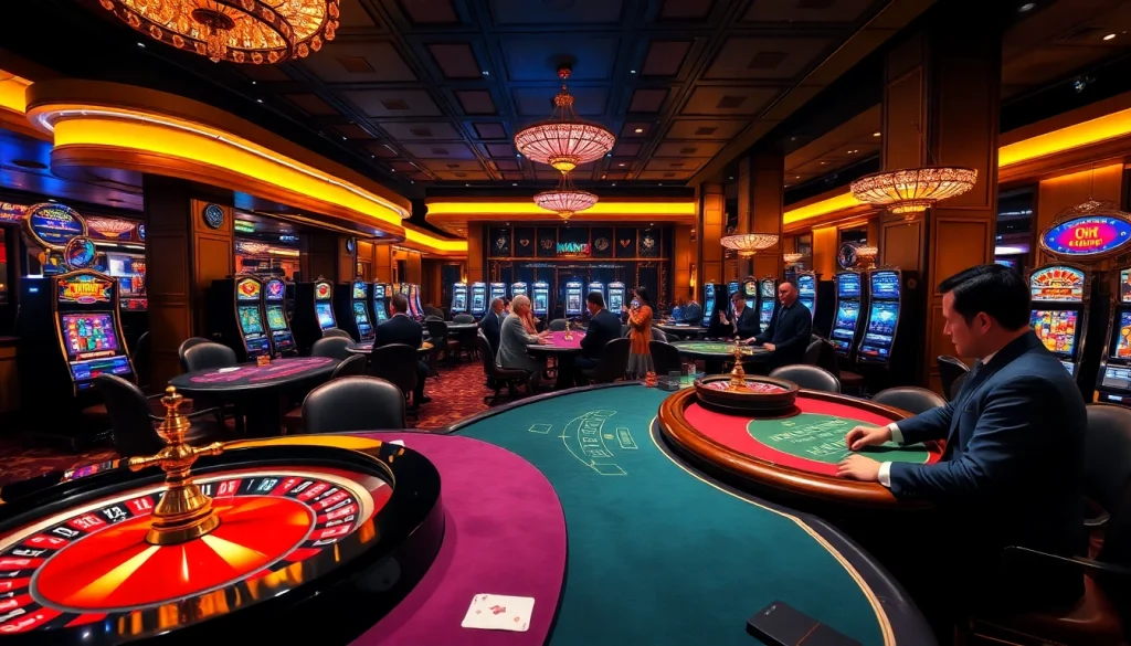 Experience thrilling casino action at Man88 with players enjoying table games and vibrant slot machines.