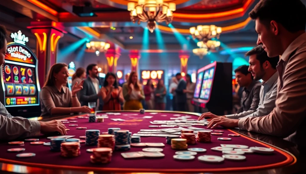 Engage with our slot demo mahjong game amidst a lively casino scene featuring poker chips and bright slot machines.