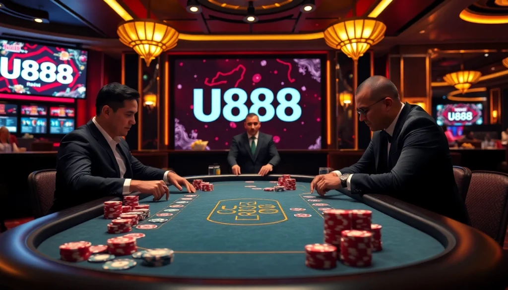 Experience the excitement of U888 at a vibrant poker table with thrilling action and colorful chips.