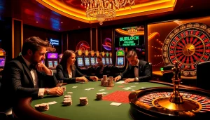Players enjoying a high-stakes poker game at a luxurious casino inspired by https://vuabai9.cn.com/ with chips and cards.