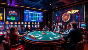 Players engaging at a vibrant poker table with keonhacai betting slips and dynamic casino elements.