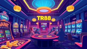 TR88 online gaming platform showcasing vibrant casino environment with live esports matches and excited players
