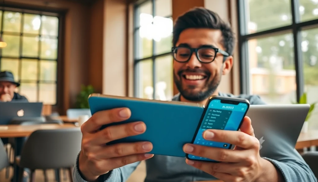 Người dùng đang tận hưởng ứng dụng KU3933 trong một quán cà phê ấm cúng.