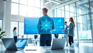 AI integration service provider demonstrating technology solutions in a modern workspace.