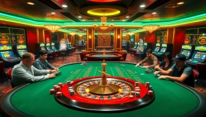 SODO casino scene showcasing an exciting poker game with luxury tables and vibrant slot machines.