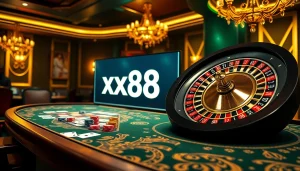 xx88 themed casino table with poker cards, chips, and a spinning roulette wheel, exuding luxury.
