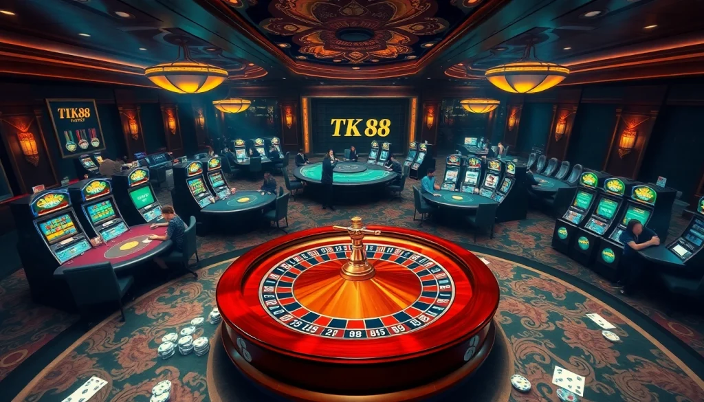 Excited gamblers playing at luxurious casino tables showcasing TK 88 games and vibrant activities.
