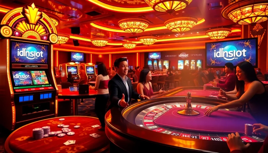 Players enjoying thrilling games at idnslot casino, vibrant atmosphere with illuminated slot machines.