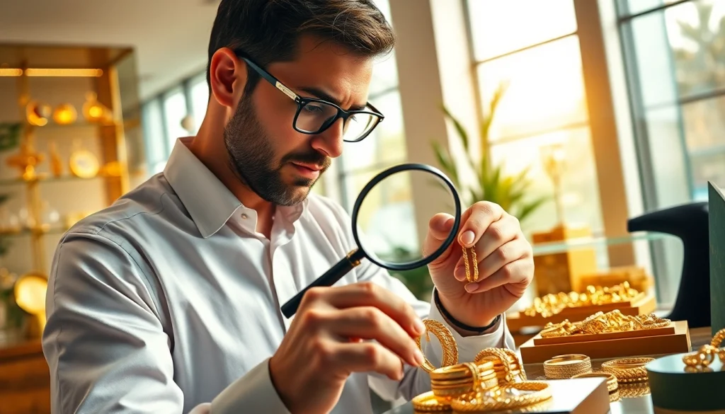Compro oro roma: esperto verifica gioielli in ufficio moderno illuminato
