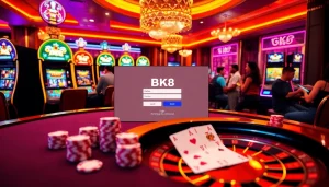 BK8 login interface displayed against a luxurious casino backdrop with poker chips and roulette wheel.
