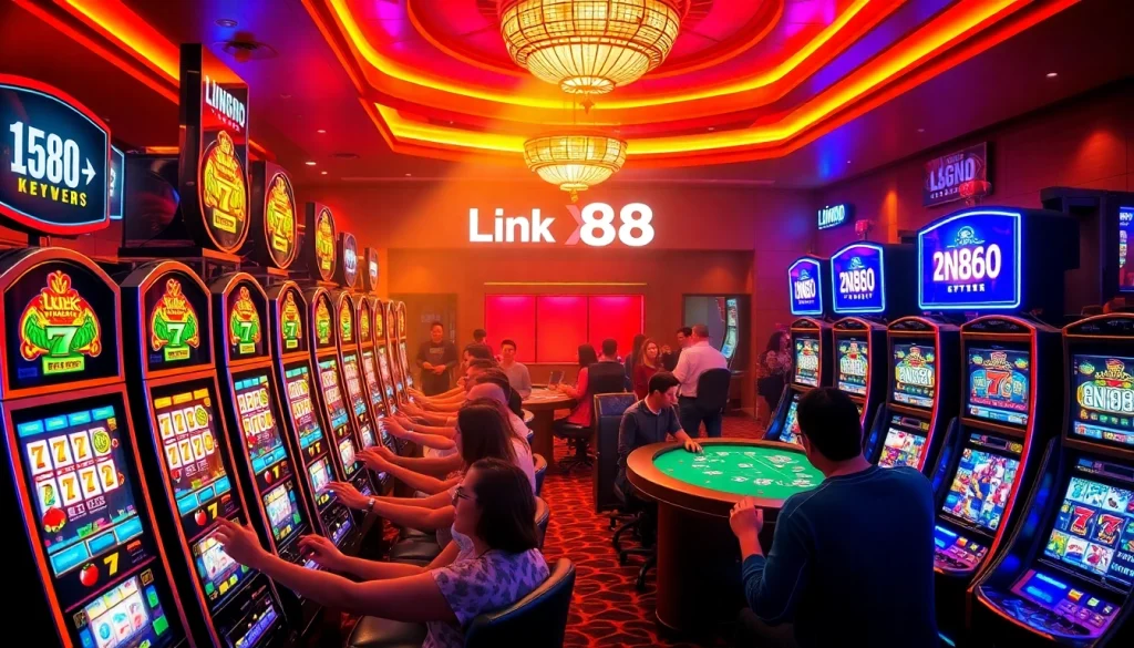 Experience the excitement of gambling at casino slots featuring Link X88 displays in a lively atmosphere.