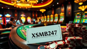 XSMB247 betting slip on a roulette table surrounded by poker chips and cards
