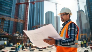 New York City Construction Manager analyzing plans on-site during a project review.