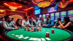Dynamic poker game scene showcasing gilajp action with vibrant chips and cards on a casino table.
