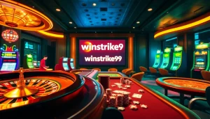 Experience thrilling gameplay at winstrike69 in a luxurious casino setting with poker tables and slot machines.