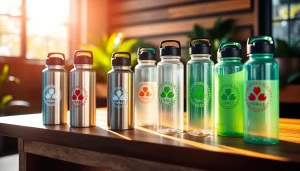 Spauda ant gertuvių ant stilingų gėrimų butelių, vaizduojamų ryškiame, ekologiškai draugiškame fone.