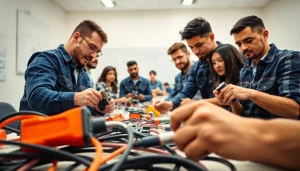 Engaged students at an electrician trade school Colorado focusing on hands-on training in a modern classroom.