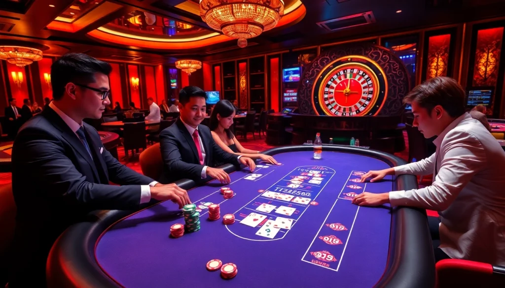 Players strategizing at a poker table, experiencing high-stakes gambling thrills with tobet88.