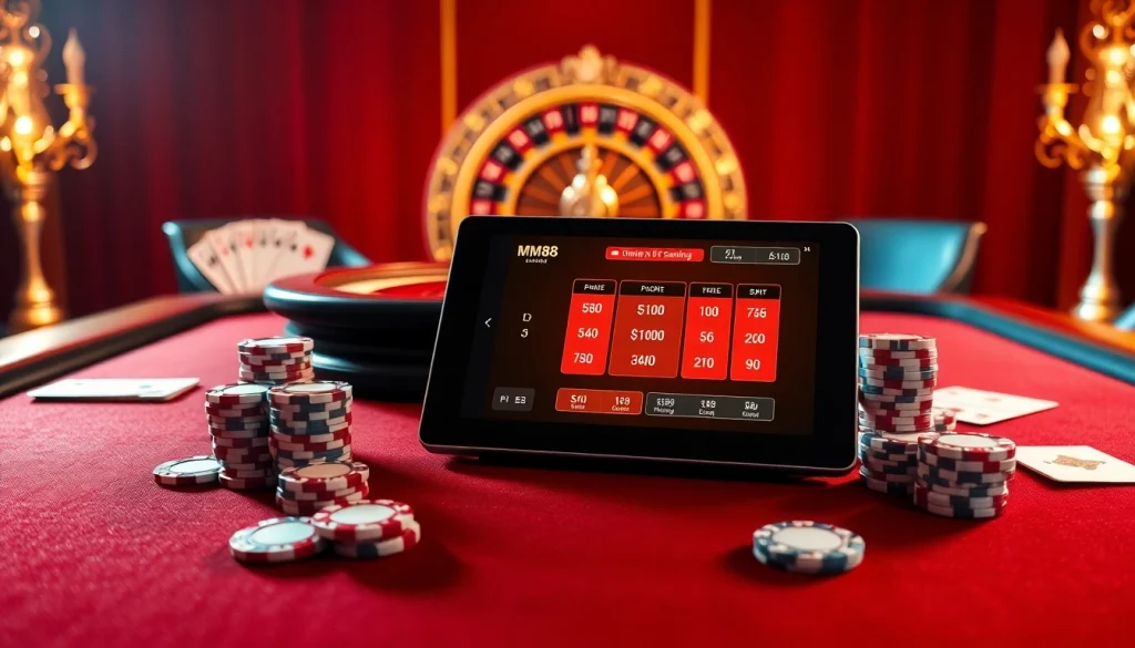 Exciting poker scene with MM88 branding, showcasing chips and cards in a luxurious setting.
