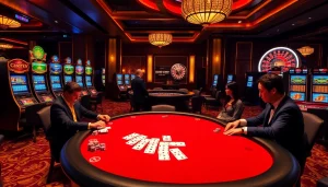 Engaging casino scene at https://lc88.jpn.com/ with poker table, vibrant slots, and excited players.