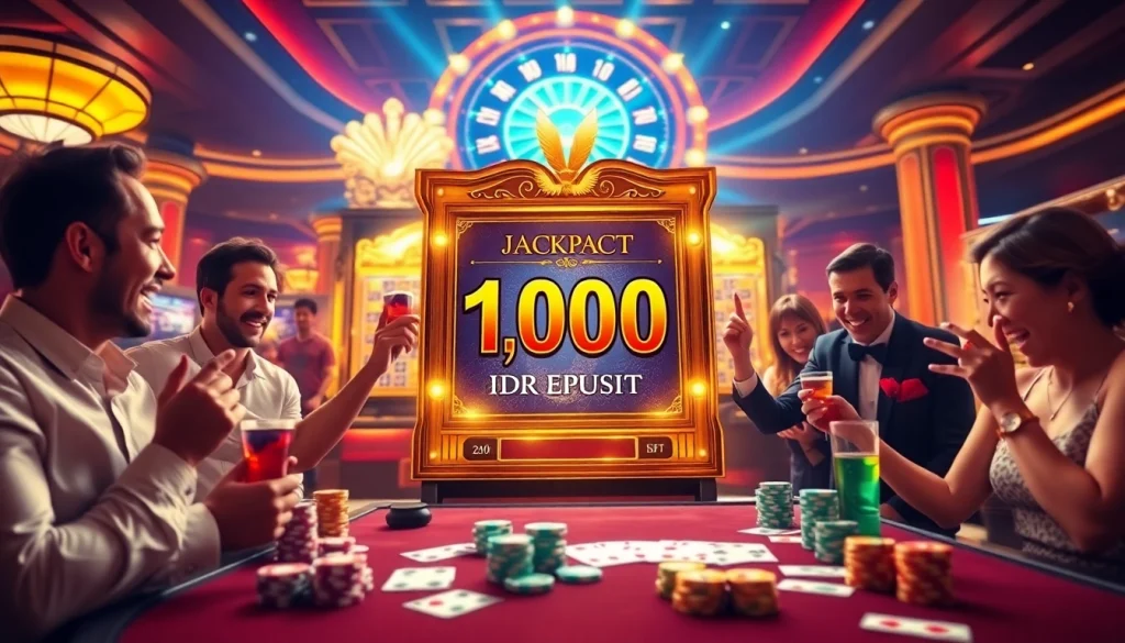 Pemain yang antusias berinteraksi dengan mesin slot Depo 1K, dikelilingi elemen kasino.