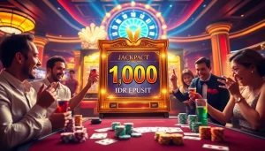 Pemain yang antusias berinteraksi dengan mesin slot Depo 1K, dikelilingi elemen kasino.