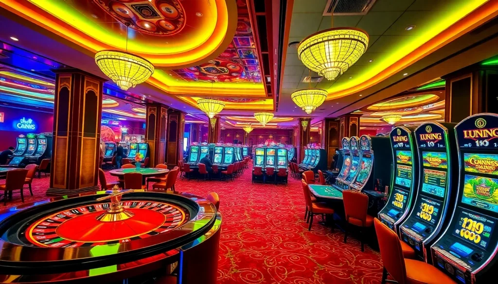 Experience high-stakes gaming at Luckywin with a vibrant casino scene showcasing roulette and poker.