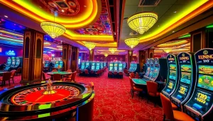 Experience high-stakes gaming at Luckywin with a vibrant casino scene showcasing roulette and poker.