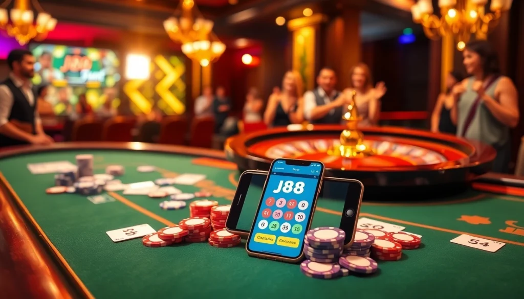 Players enjoying a thrilling round of j88 poker at an elegant casino table, showcasing excitement and luxury.