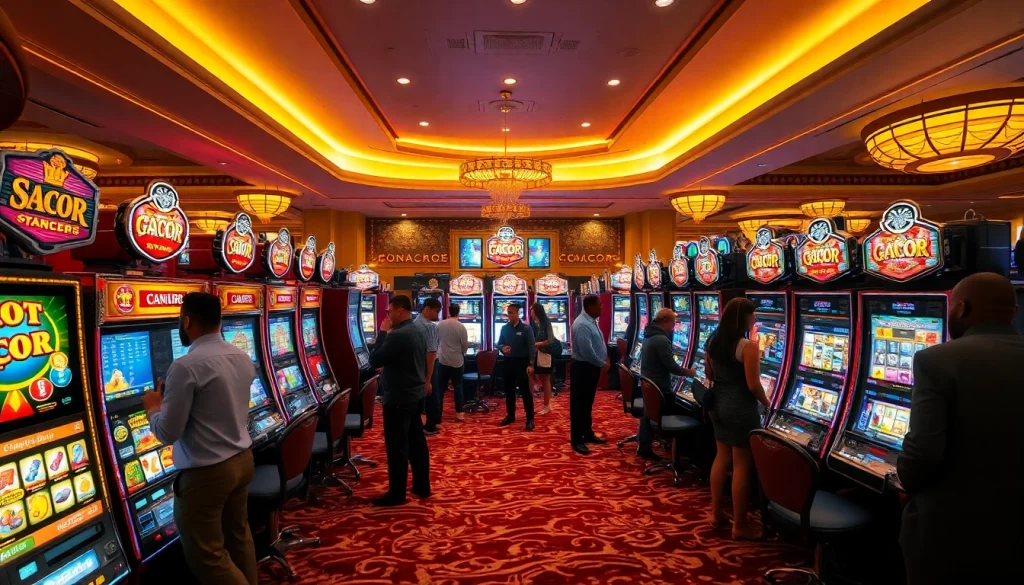 Exciting moment at SLOT GACOR machines in a luxurious casino, showcasing jackpot wins.