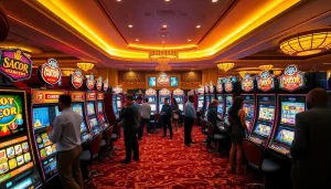 Exciting moment at SLOT GACOR machines in a luxurious casino, showcasing jackpot wins.