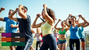 Assisted pull-up bands empowering diverse individuals in an active outdoor fitness scene.