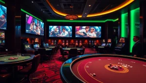 Watch Trực tiếp esports with excitement at a luxury casino, featuring betting tables and gaming screens.