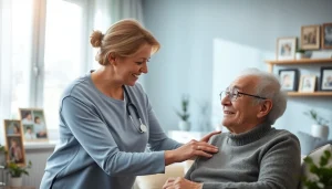 Austin senior home care caregiver supports an elderly person in a bright, cozy living room.