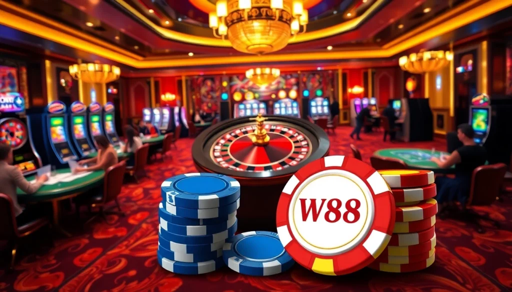Engaging WW88 casino gameplay scene with poker chips, roulette wheel, and slot machines.
