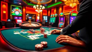 Engaging scene of S88BET players at a luxurious casino table, showcasing poker chips and cards.